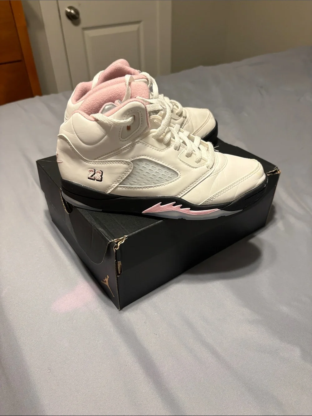 Jordan 5 retro Kids White and Pink High-Top Basketball Sneakers size 2.5